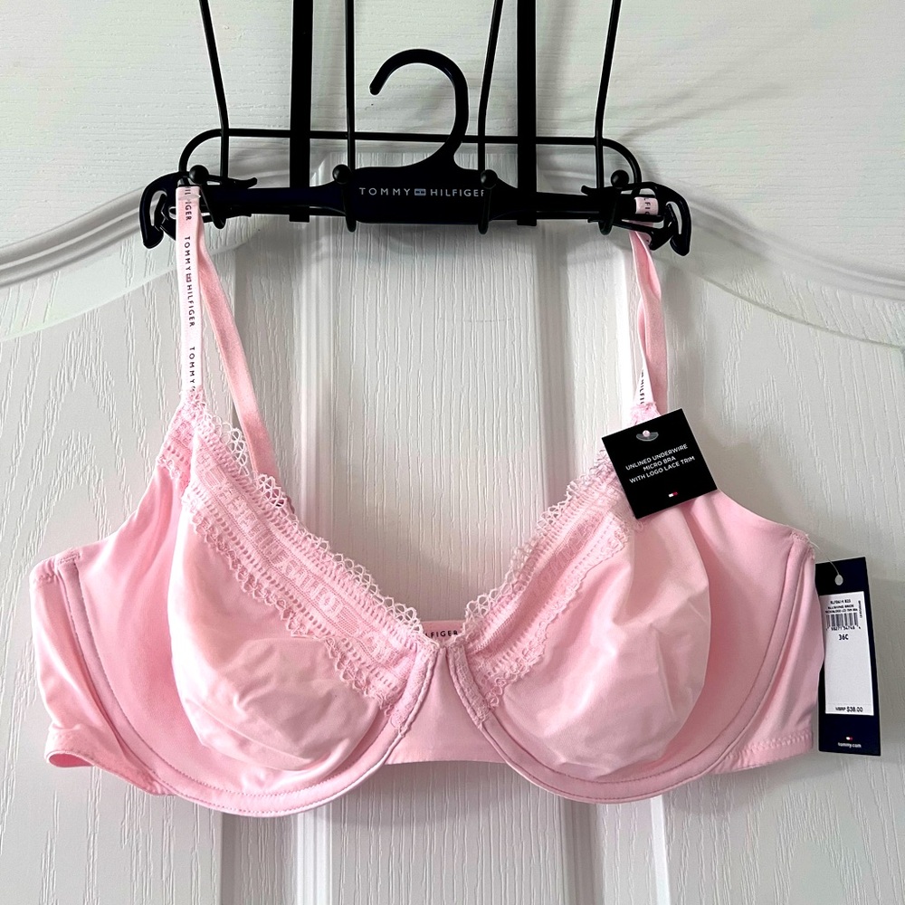 NWT unlined underwire Tommy Hilfiger Pink Lace Trim micro Bra 36C